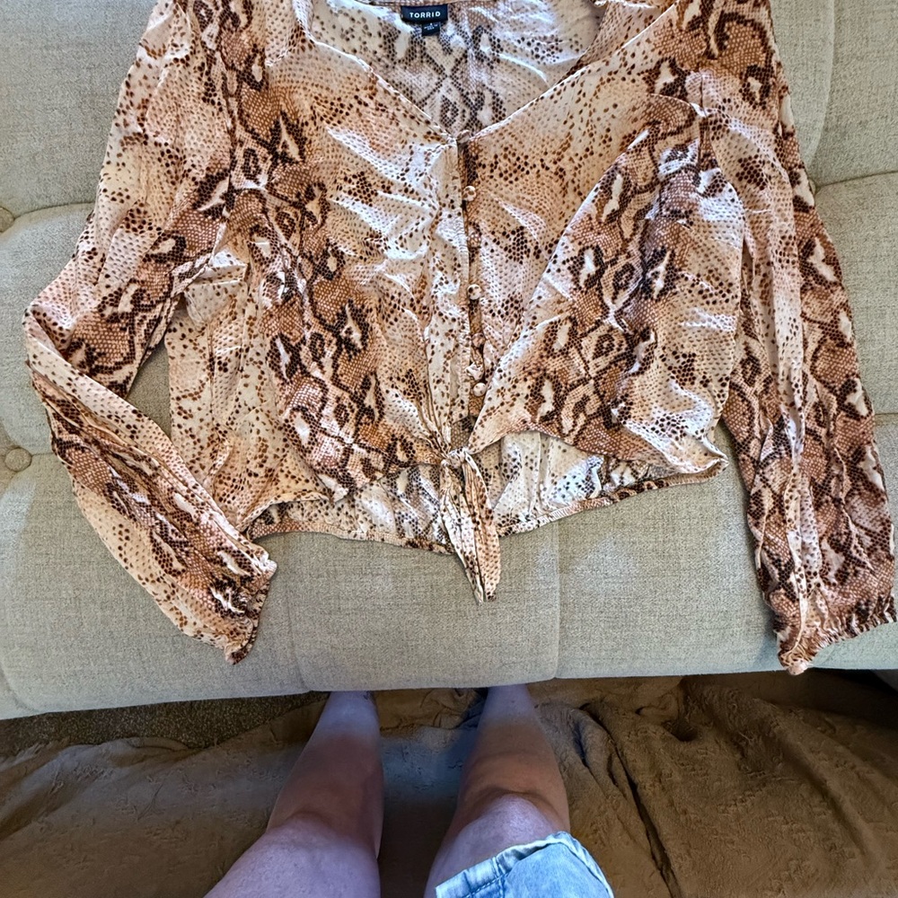 Torrid Tan and Brown Long Sleeve Tie Front Blouse